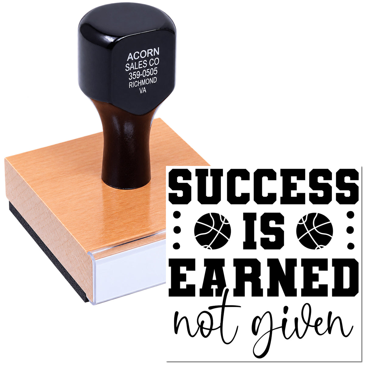 Motivational basketball rubber stamp with Success is Earned, not given design for sports teams, coaches, and players.
