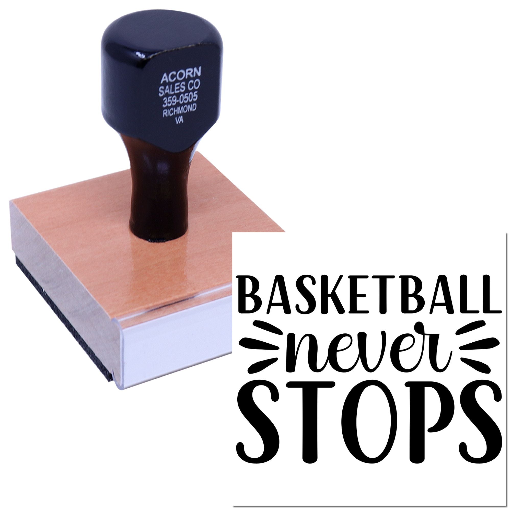 Basketball Never Stops custom rubber stamp with self-inking handle for sports-themed branding, packaging, and crafts.