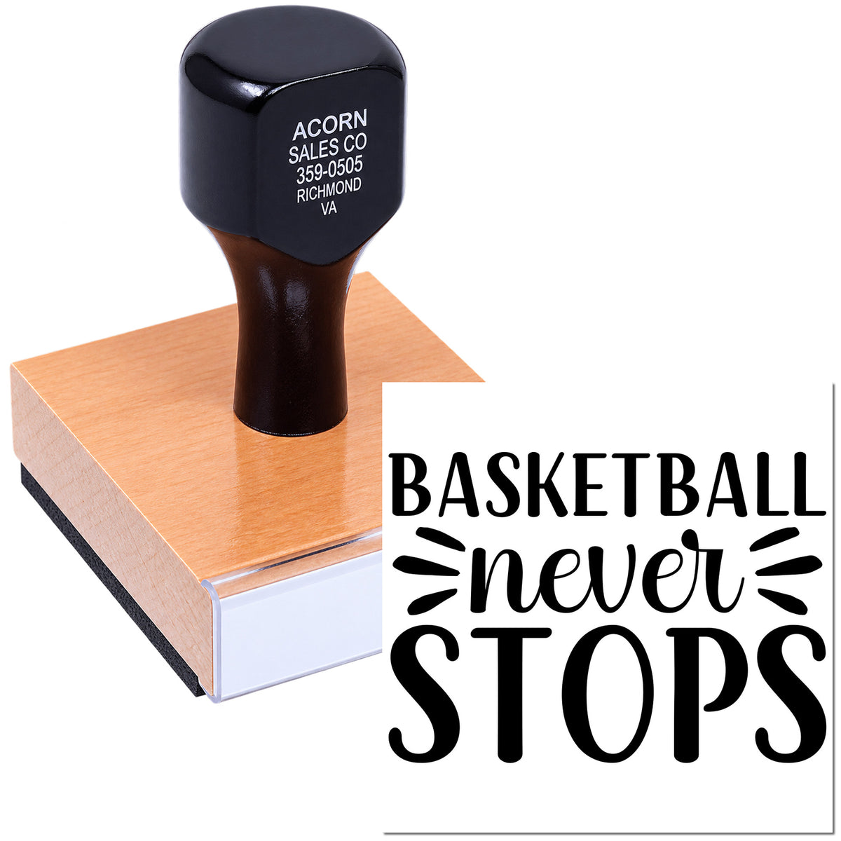 Basketball Never Stops custom rubber stamp with self-inking handle for sports-themed branding, packaging, and crafts.