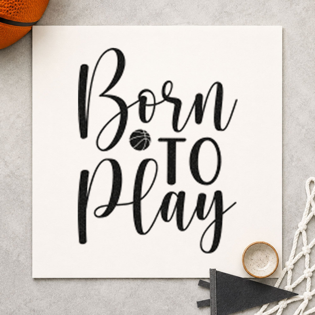 Born To Play Basketball craft stamp in black ink on cardstock, an easy option for first year album page.