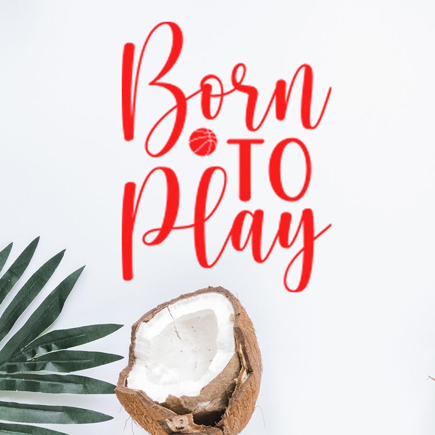 Born to Play basketball-themed rubber stamp design for baby sports nursery decor with bold red script and playful ball icon.