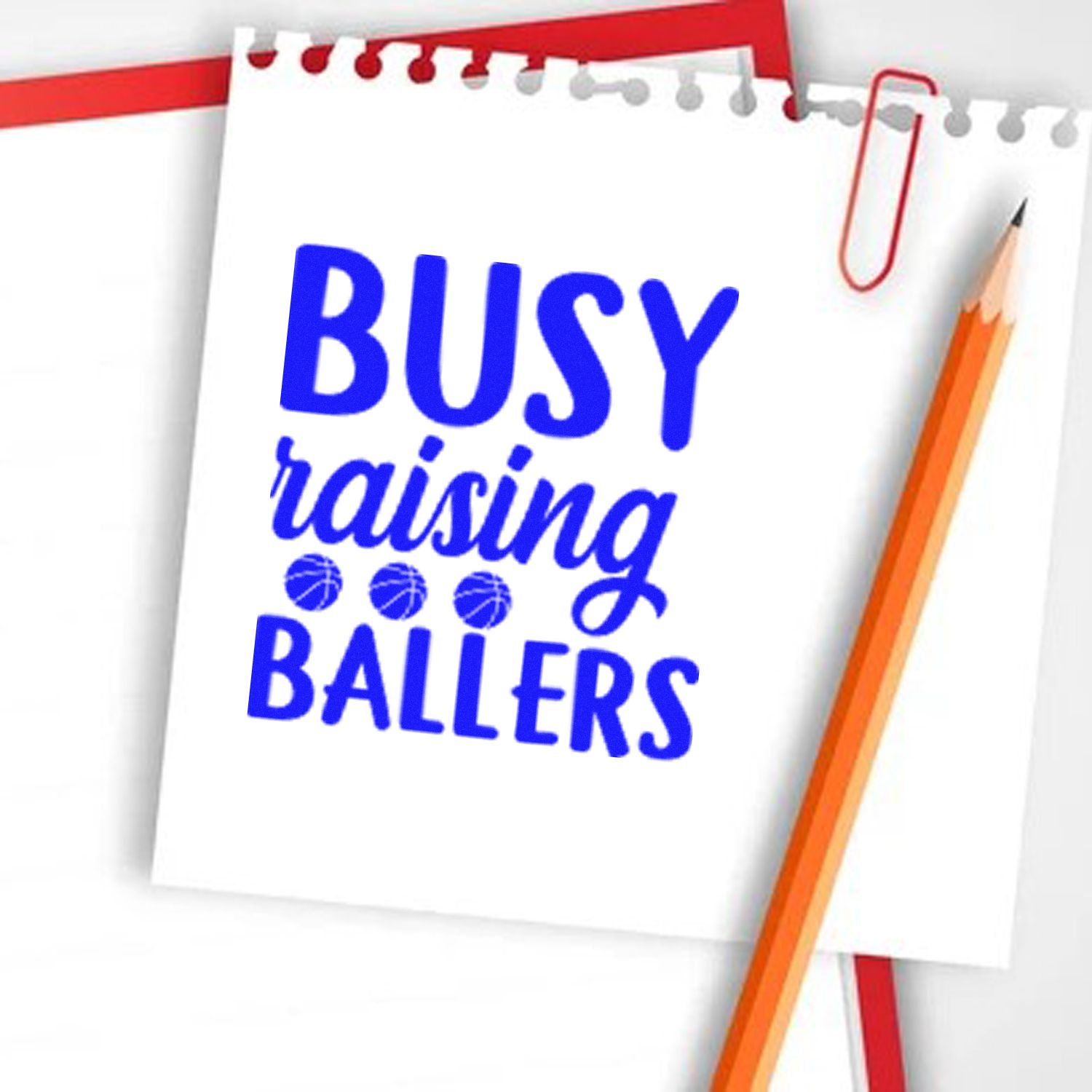Busy Raising Ballers custom rubber stamp design on notepad, ideal for sports parents and family crafting.