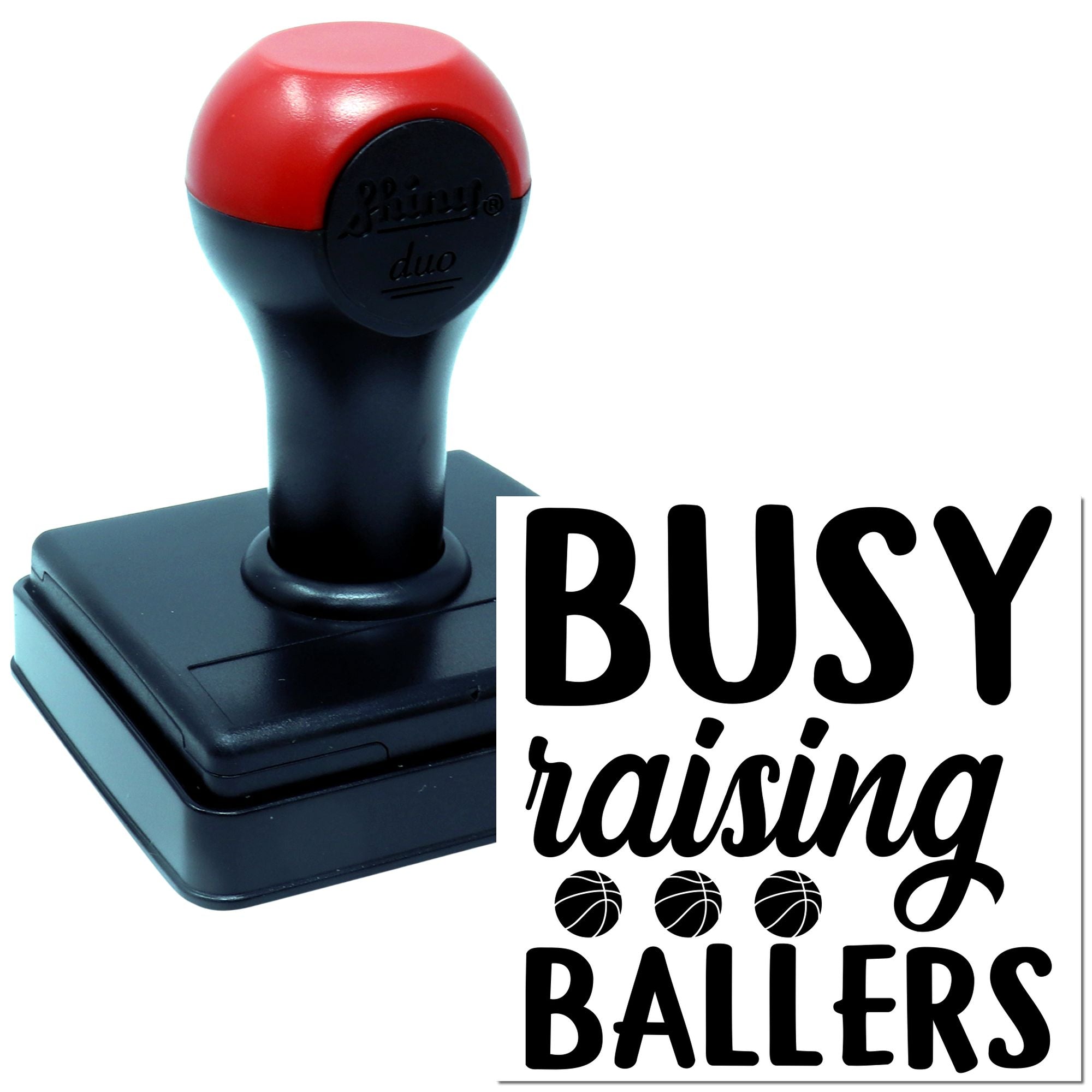 Self-inking rubber stamp featuring Busy Raising Ballers basketball design for sports-themed crafts and business use.