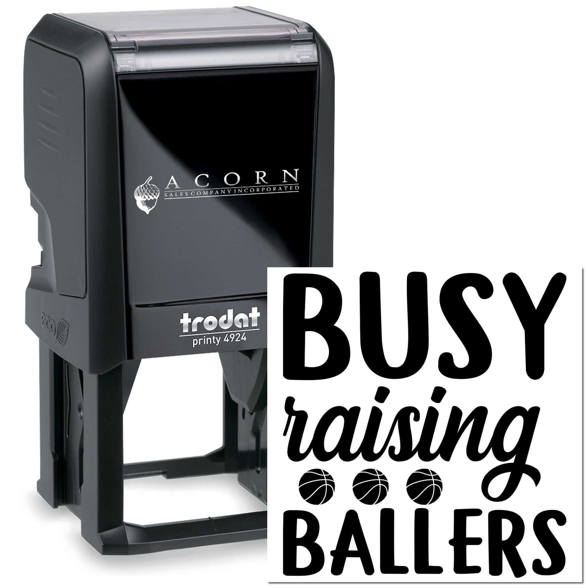 Custom self-inking rubber stamp, Busy raising ballers design with basketball icons for coaches, parents, or teachers.