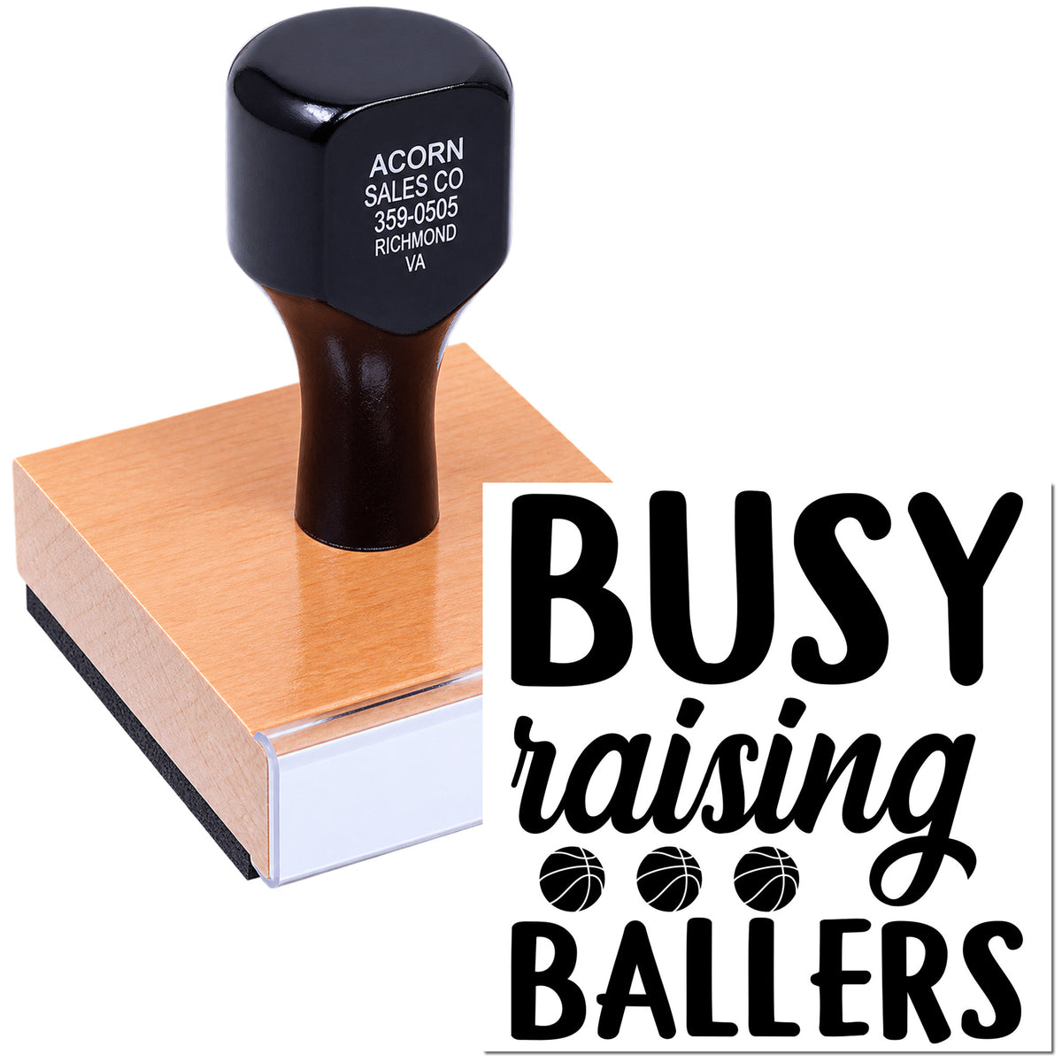 Custom rubber stamp with Busy Raising Ballers basketball design for sports parents, coaches, and team gifts