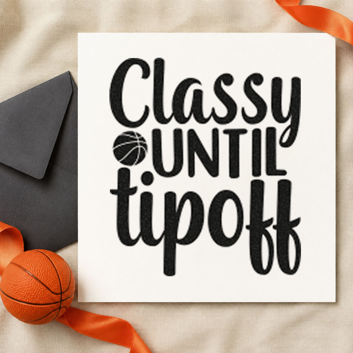 Classy Until Tipoff Basketball craft stamp in black ink on cardstock, an easy option for game night album page.