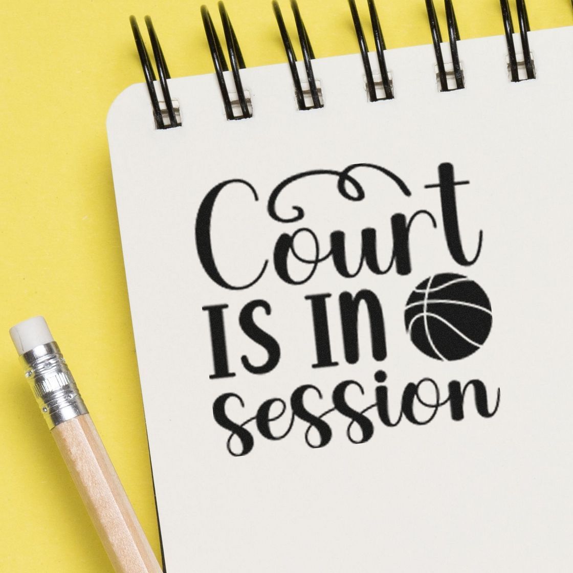Court is in session basketball rubber stamp design for coaches, classrooms, and sports-themed projects.