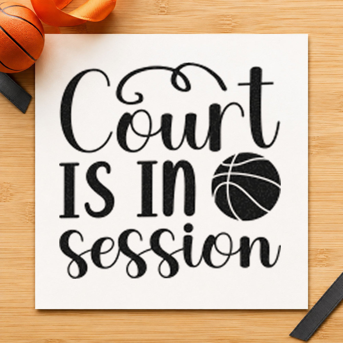 Court Is In Session craft stamp imprint in black ink on a handmade project, one idea being door prize gift tags.
