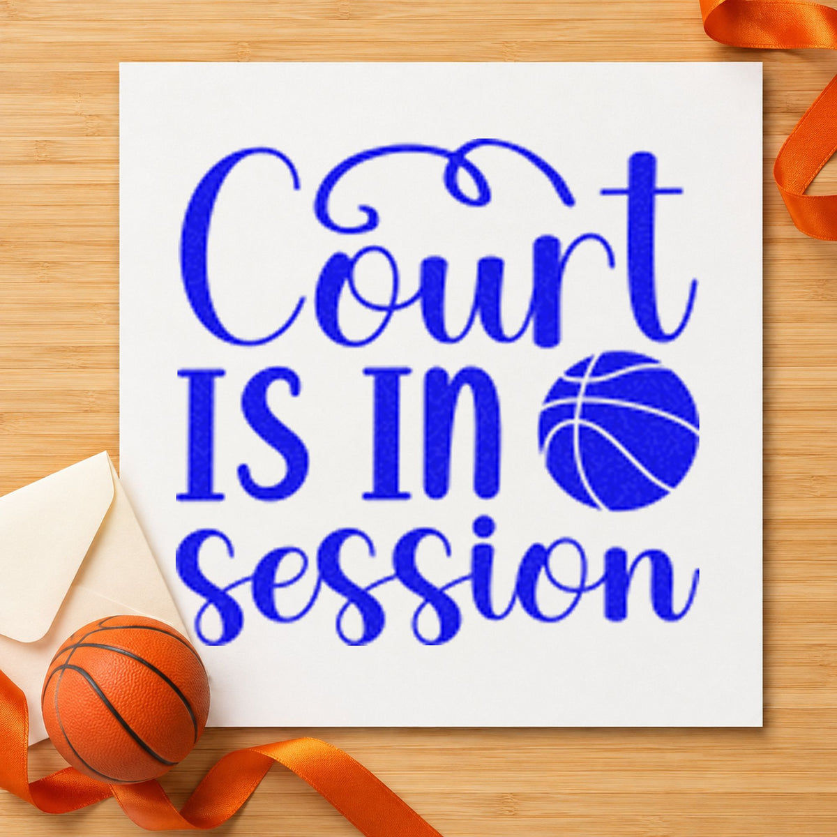 Court Is In Session craft stamp imprinted in blue ink on paper, a design suited to framed ticket table.