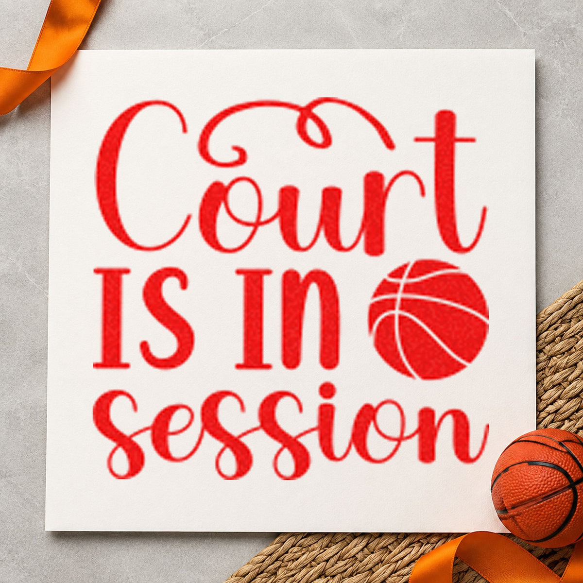 Court Is In Session rubber stamp shown in red ink, stamped for projects such as bin setup labels.