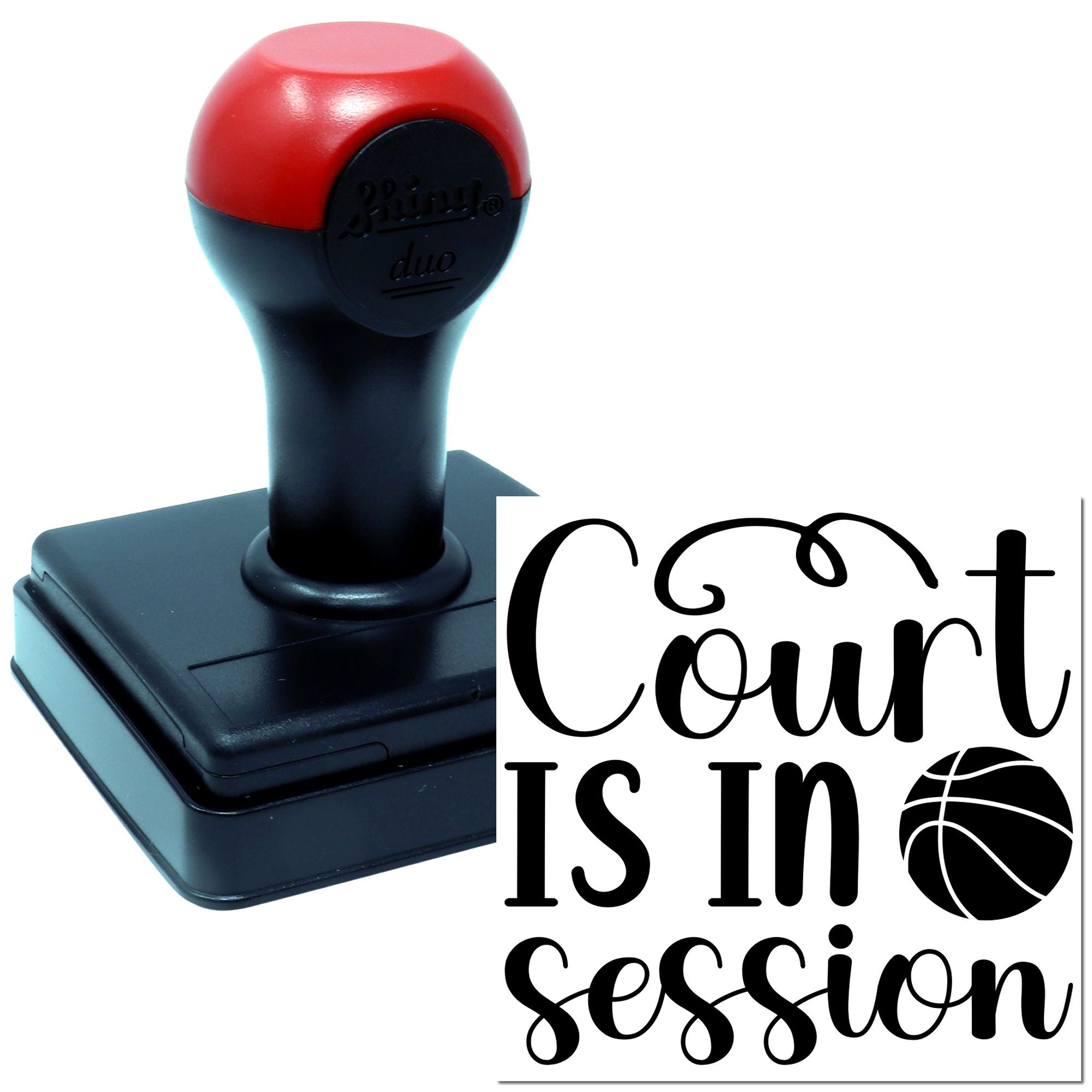 Self-inking rubber stamp with Court is in Session imprint, ideal for courtroom or legal office use.
