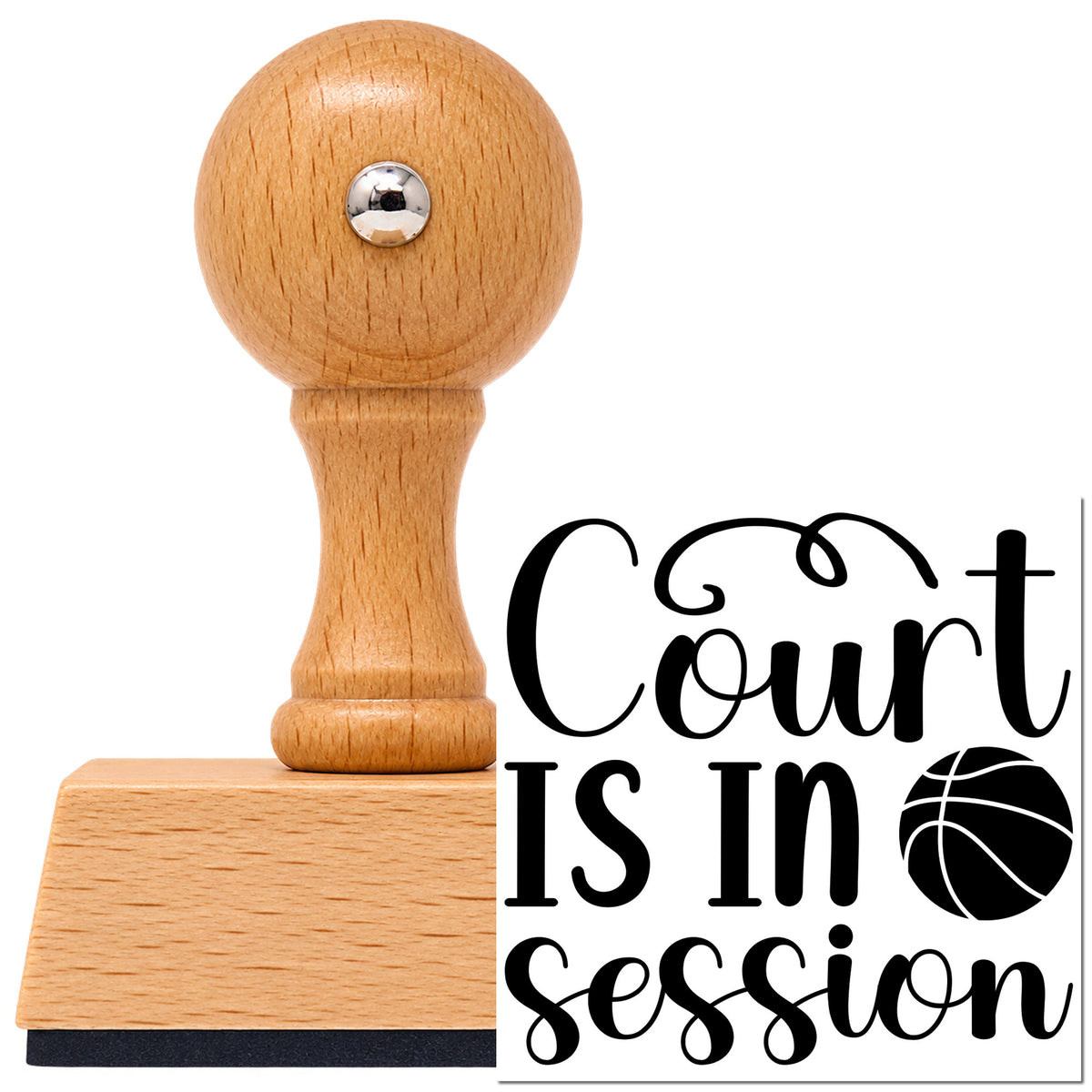 Court Is In Session Vintage Pro rubber stamp in European beech wood with a round knob handle, shown beside its black imprint.