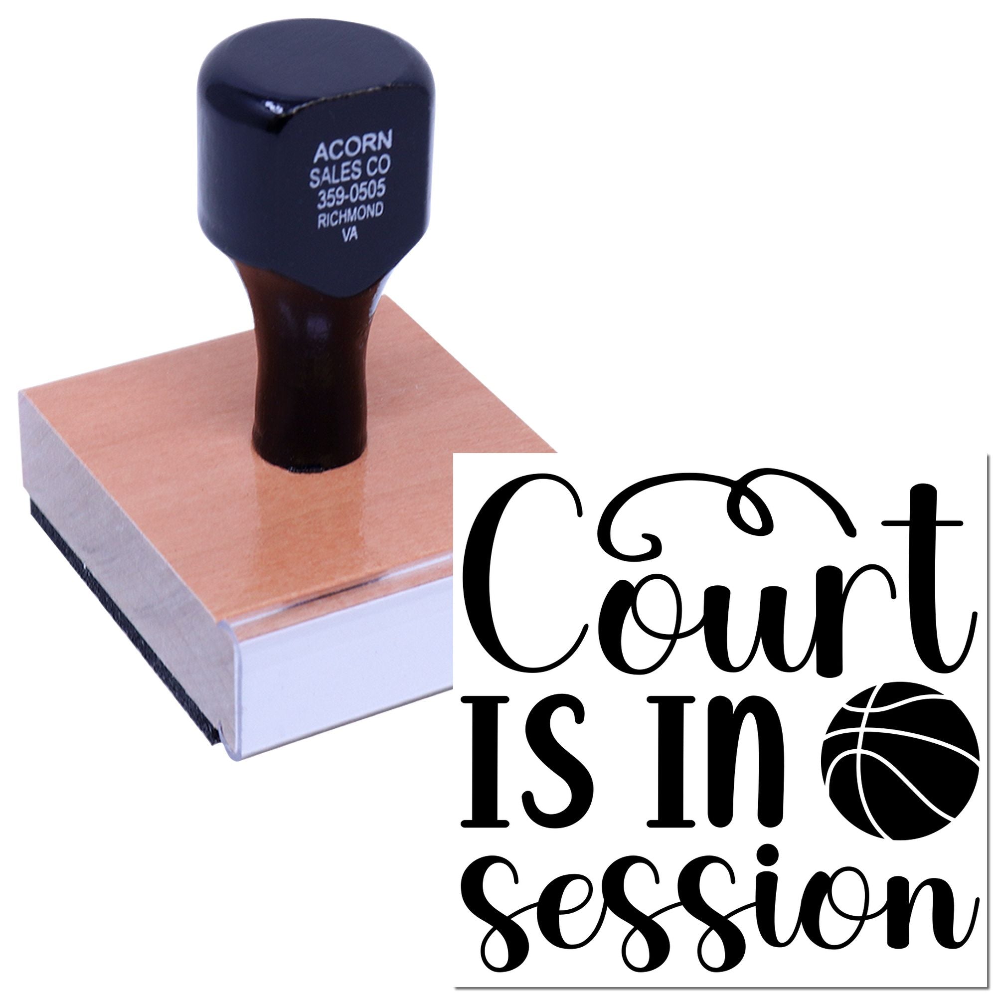 Custom basketball rubber stamp with Court Is In Session design for coaches, referees, and sports event paperwork.