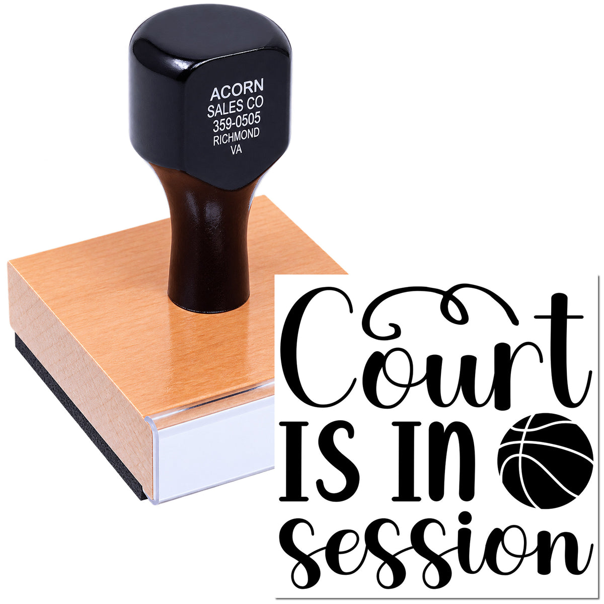 Custom basketball rubber stamp with Court Is In Session design for coaches, referees, and sports event paperwork.
