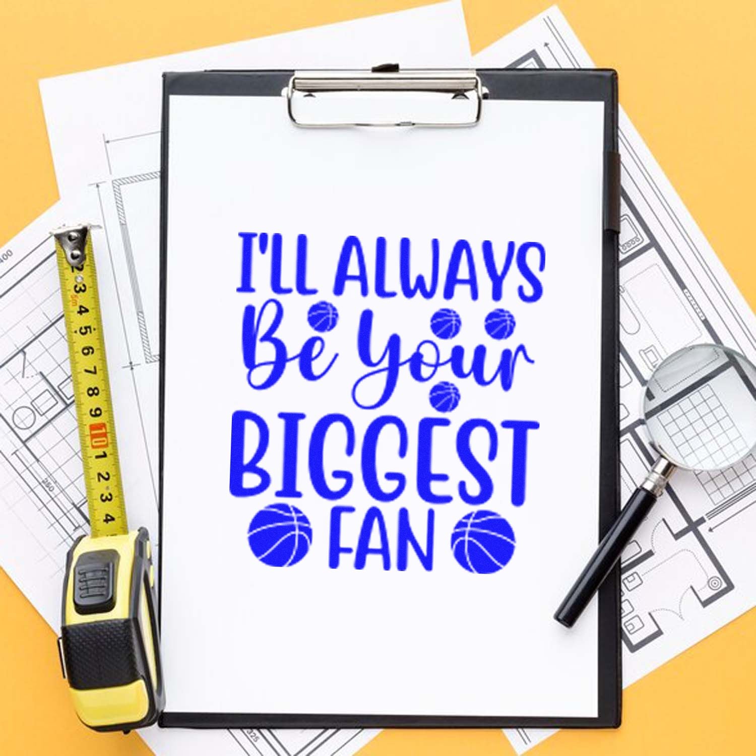 Basketball-themed rubber stamp design reading Ill always be your biggest fan for sports fan gifts and crafts.