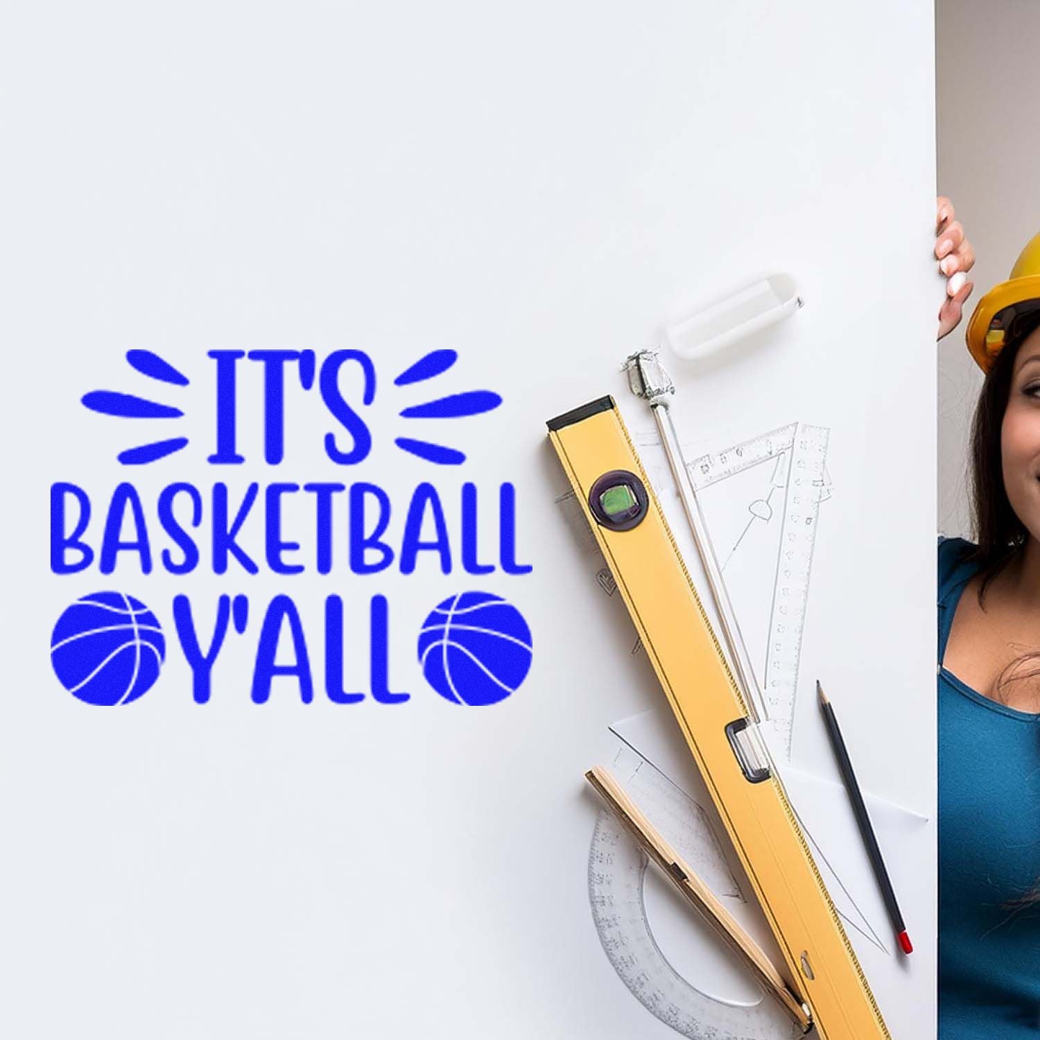 Custom basketball rubber stamp design reading Its Basketball Yall with basketball icons for sports crafts.