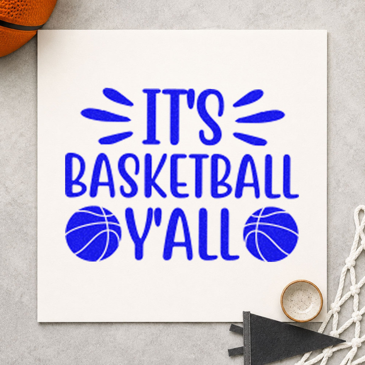 It Is Basketball Yall craft stamp imprinted in blue ink on paper, a design suited to framed club entry.