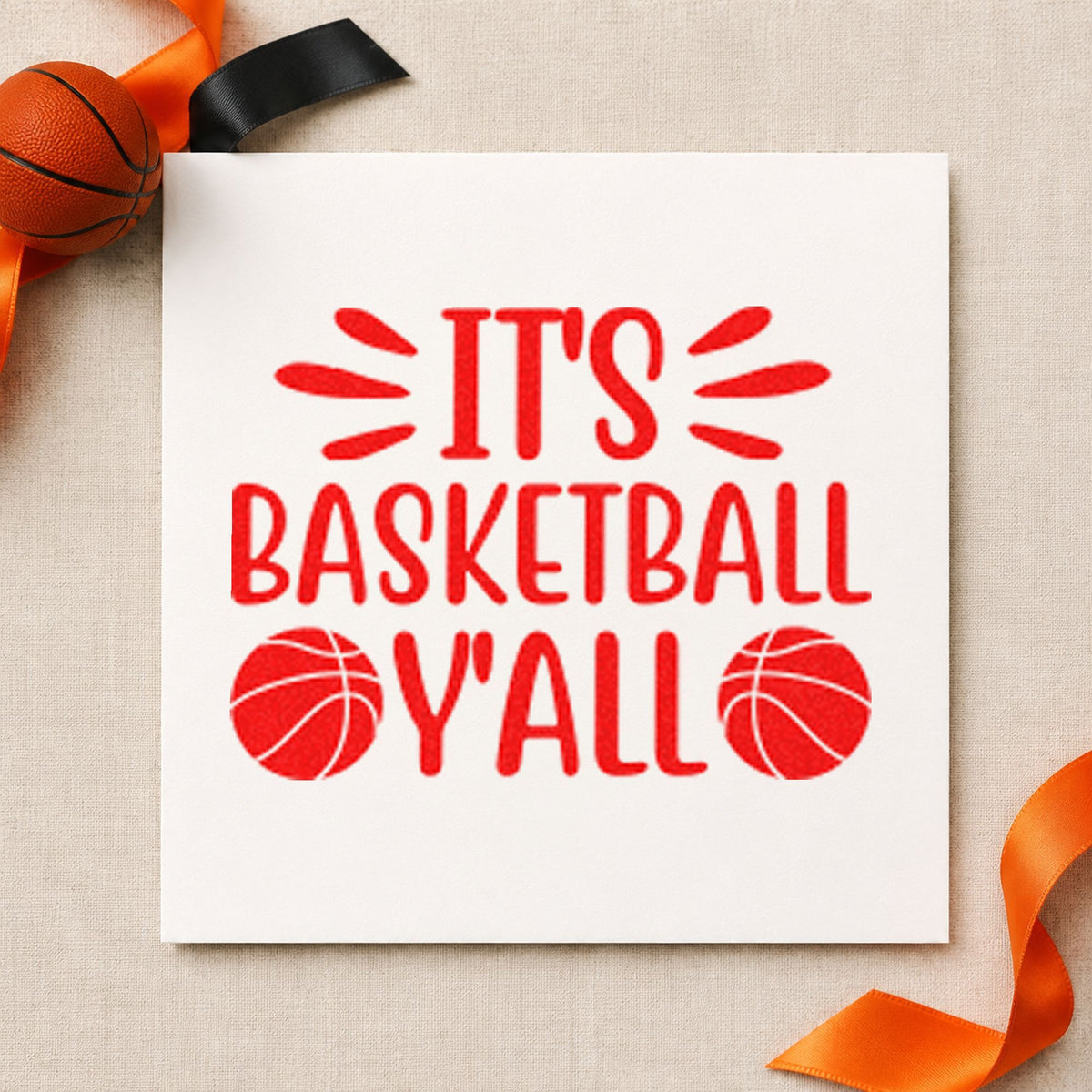 It Is Basketball Yall craft stamp imprint in red ink on a handmade project, one idea being season info cards.