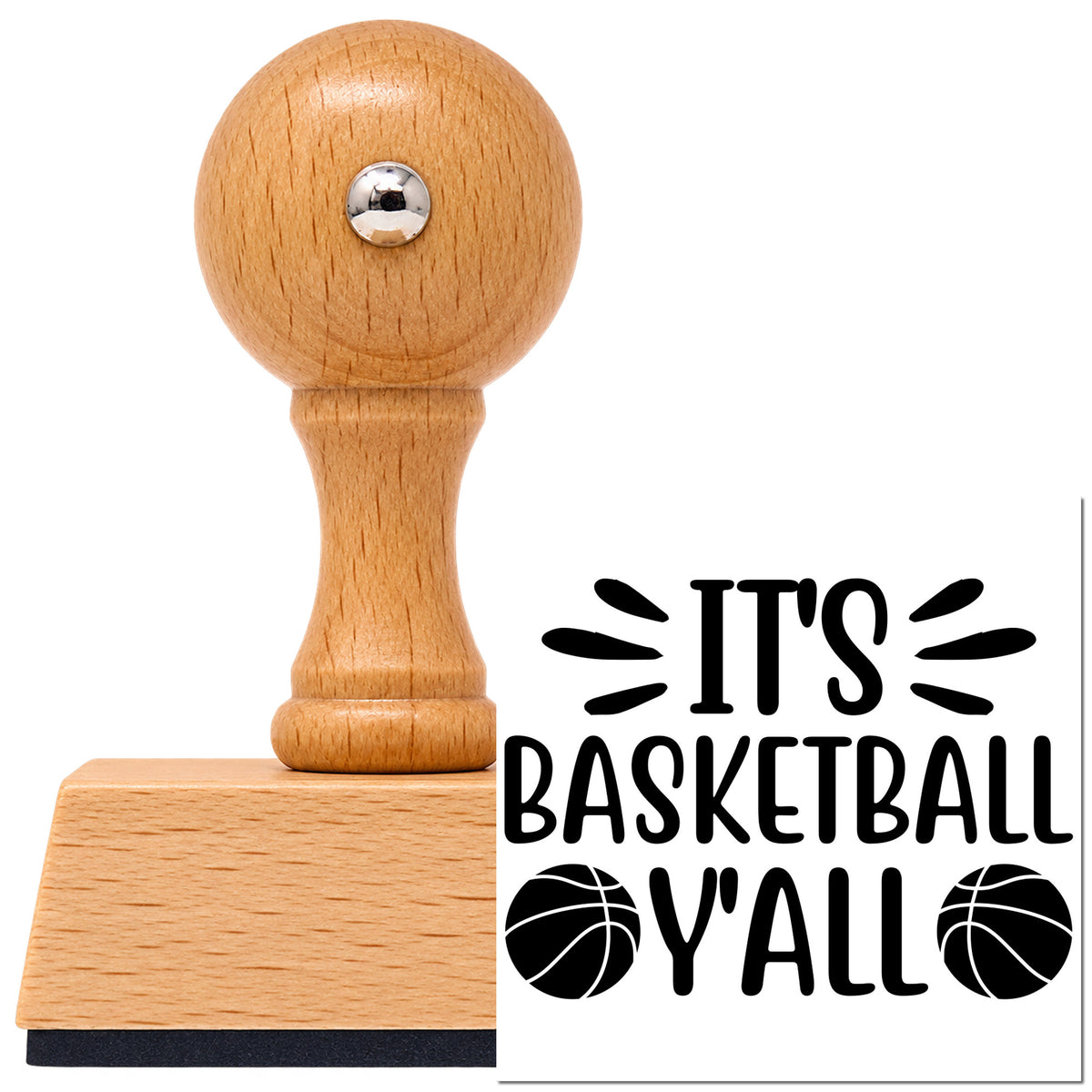 It Is Basketball Yall Vintage Pro rubber stamp in European beech wood with a round knob handle, shown beside its black imprint.