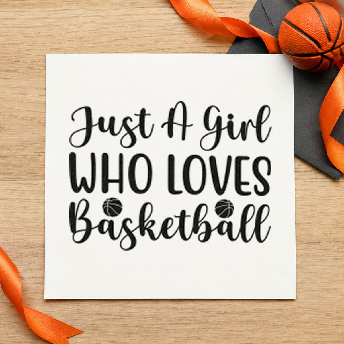 Girl Who Loves Basketball craft stamp in black ink on cardstock, an easy option for tryout album page.