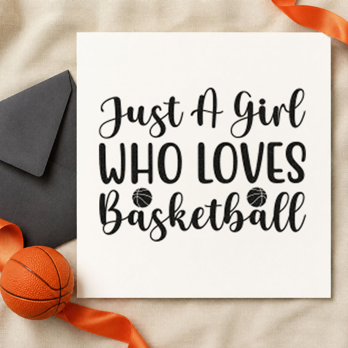 Girl Who Loves Basketball craft stamp imprint in black ink on a handmade project, one idea being gear bag gift tags.