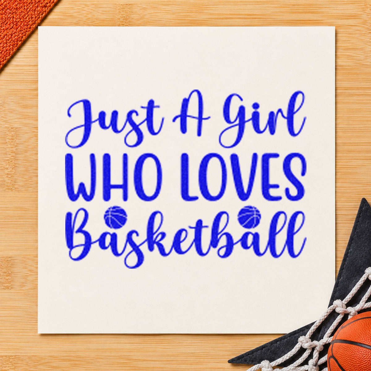Girl Who Loves Basketball craft stamp imprinted in blue ink on paper, a design suited to framed dorm wall.