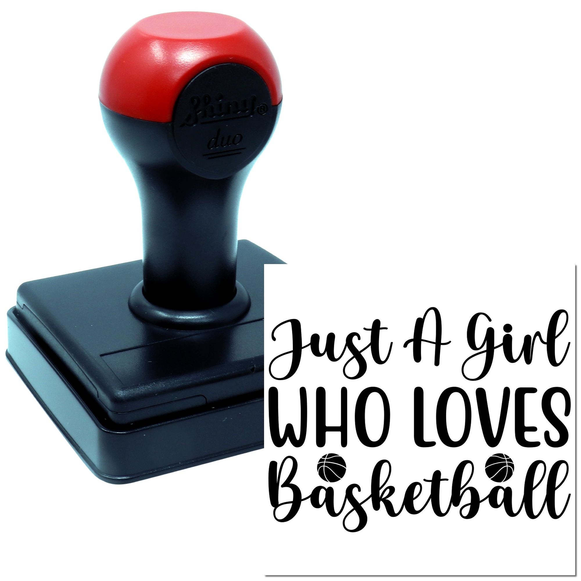 Self-inking rubber stamp with Just a Girl Who Loves Basketball design for girls basketball crafts and gifts.