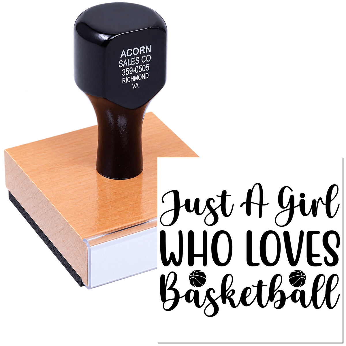 Custom self-inking rubber stamp with Just a Girl Who Loves Basketball design for personalized basketball-themed crafts.