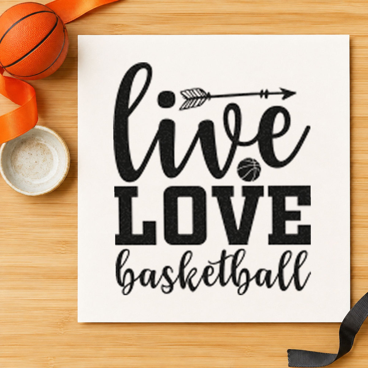 Live Love Basketball Arrow craft stamp in black ink on cardstock, an easy option for stall album page.