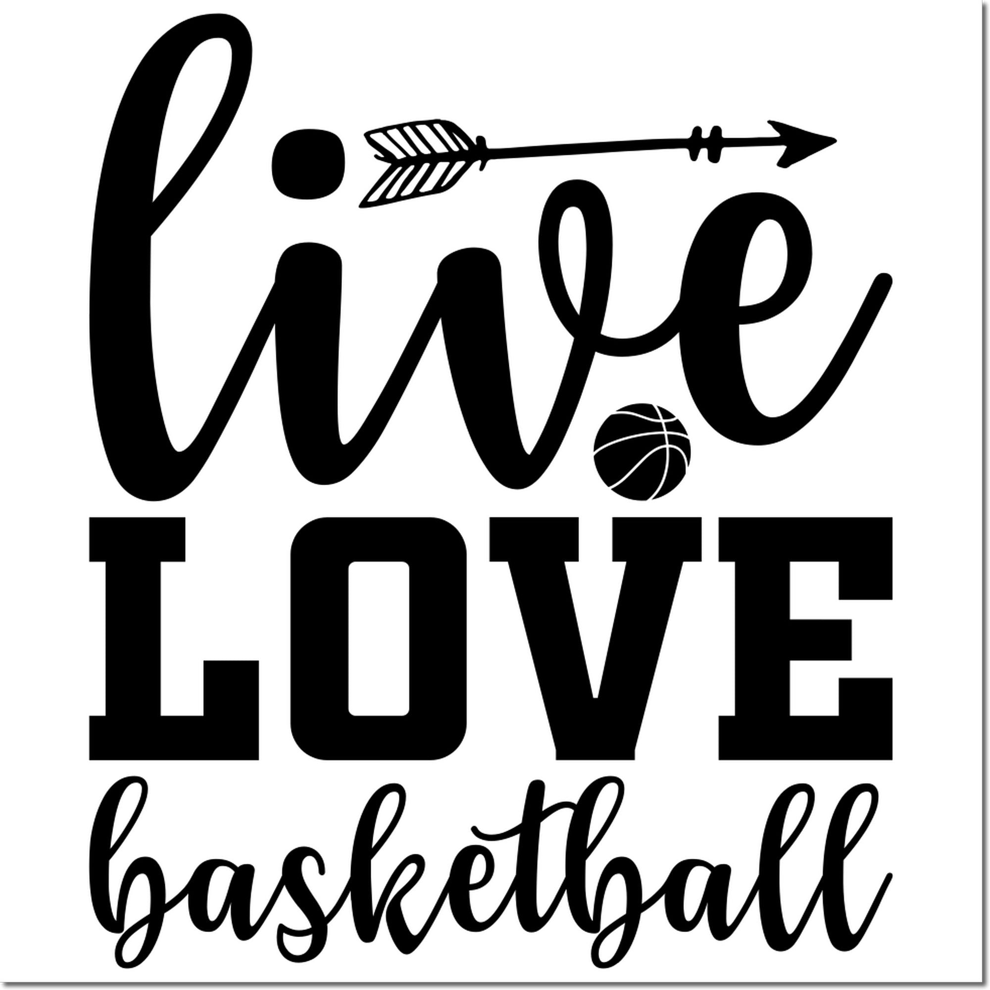 Live love basketball rubber stamp design with arrow and basketball icon for sports-themed crafts and DIY projects