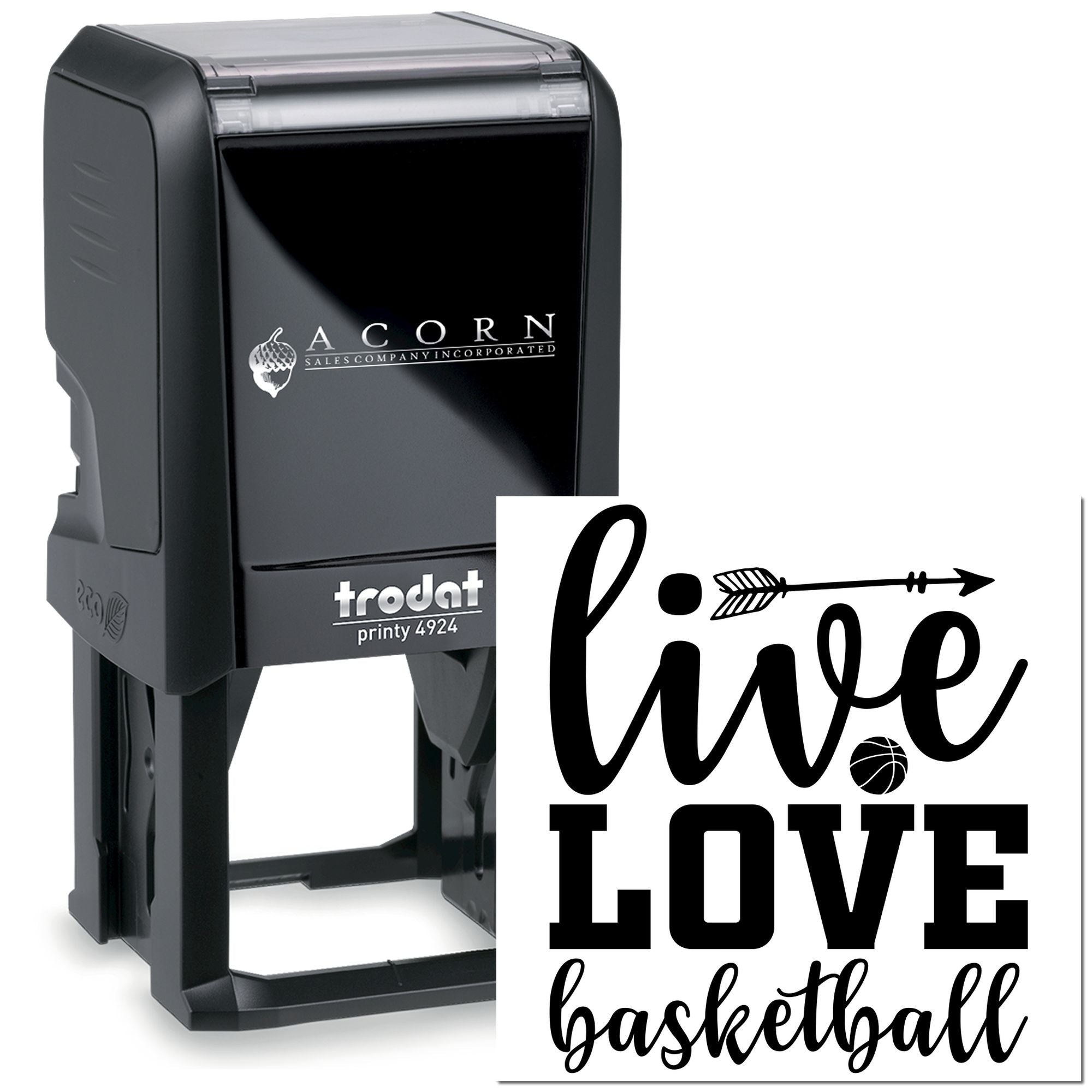 Trodat self-inking rubber stamp with custom basketball love design for personalized sports crafts and packaging.
