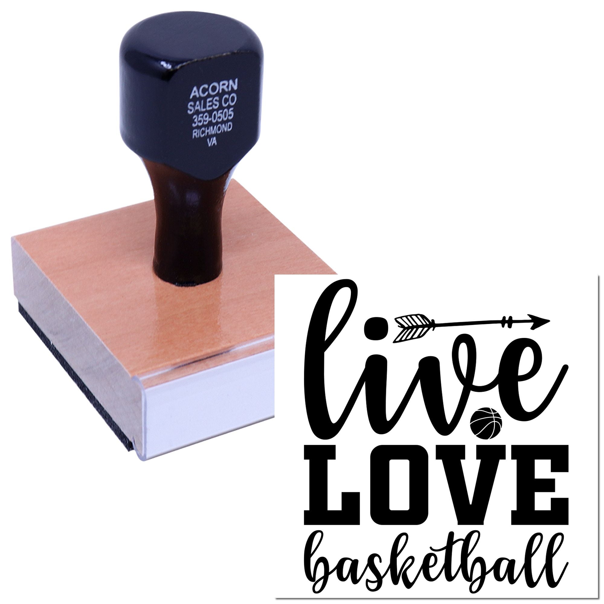 Custom rubber stamp with Live Love Basketball design for personalized sports crafts, cards, and team branding.