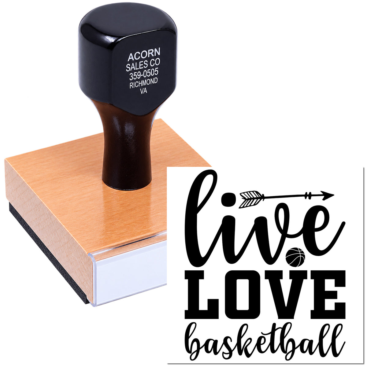 Custom rubber stamp with Live Love Basketball design for personalized sports crafts, cards, and team branding.