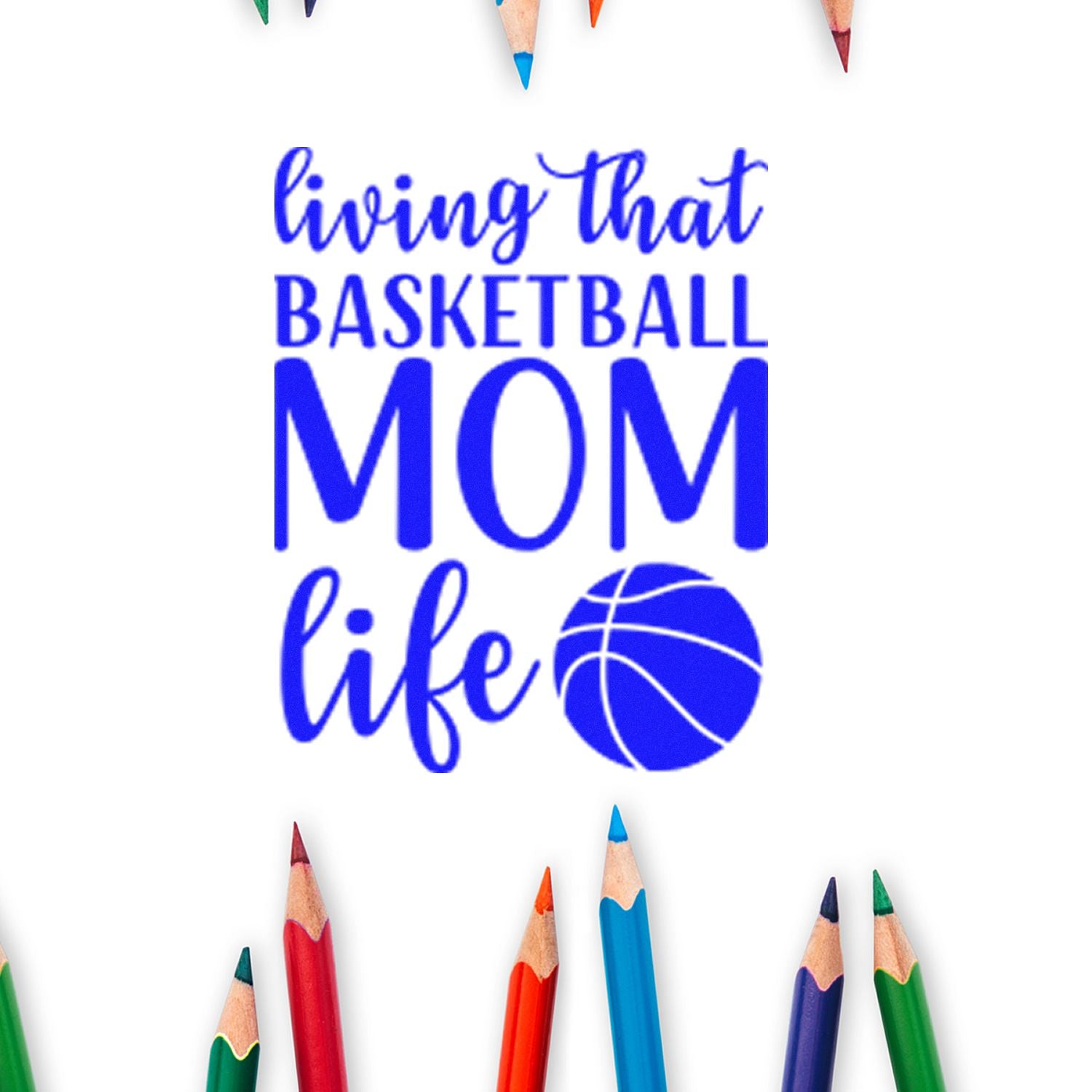 Basketball Mom rubber stamp design with bold text and basketball icon for custom sports crafts, gifts, and team projects.