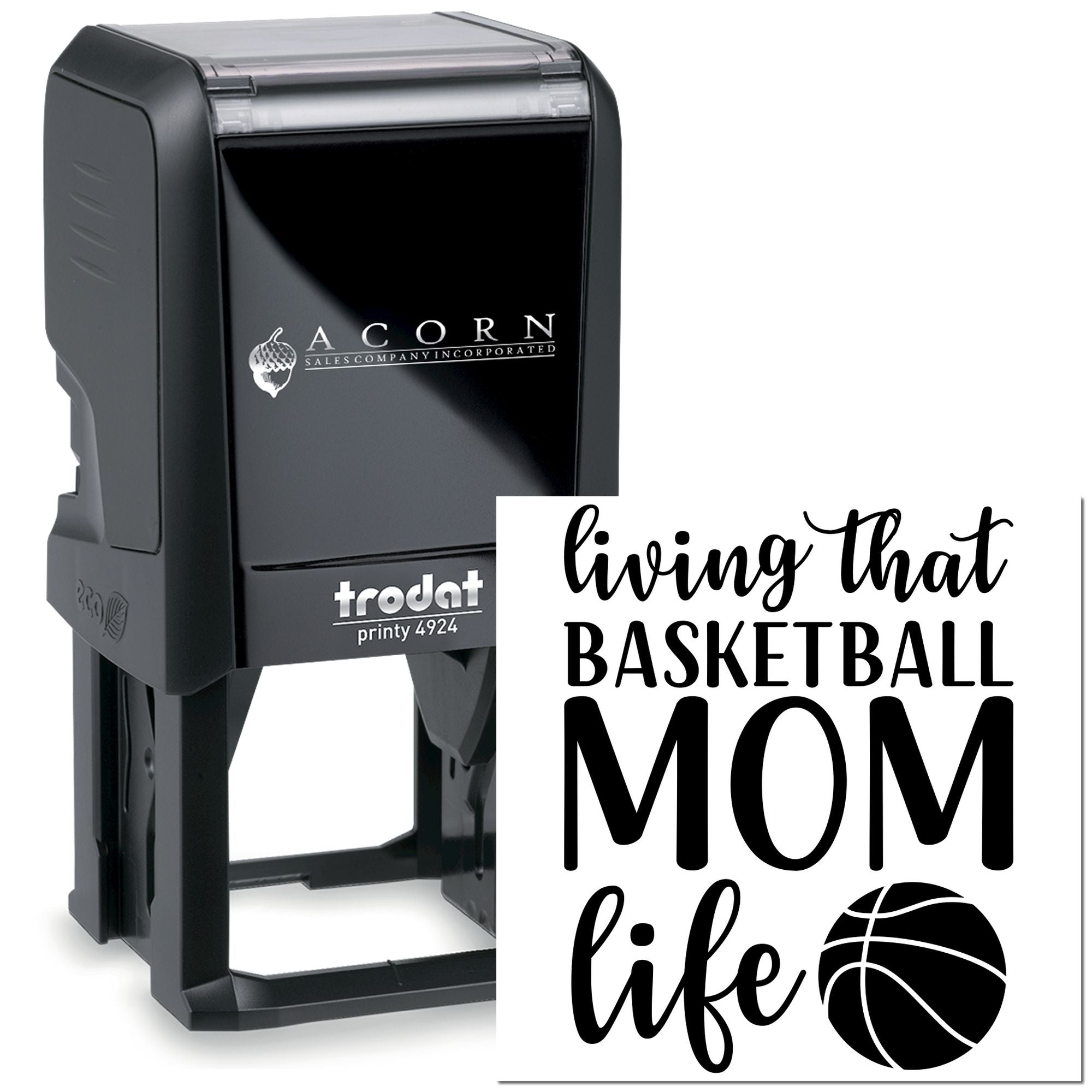 Custom self-inking rubber stamp for basketball moms with Living that Basketball Mom Life design and basketball icon