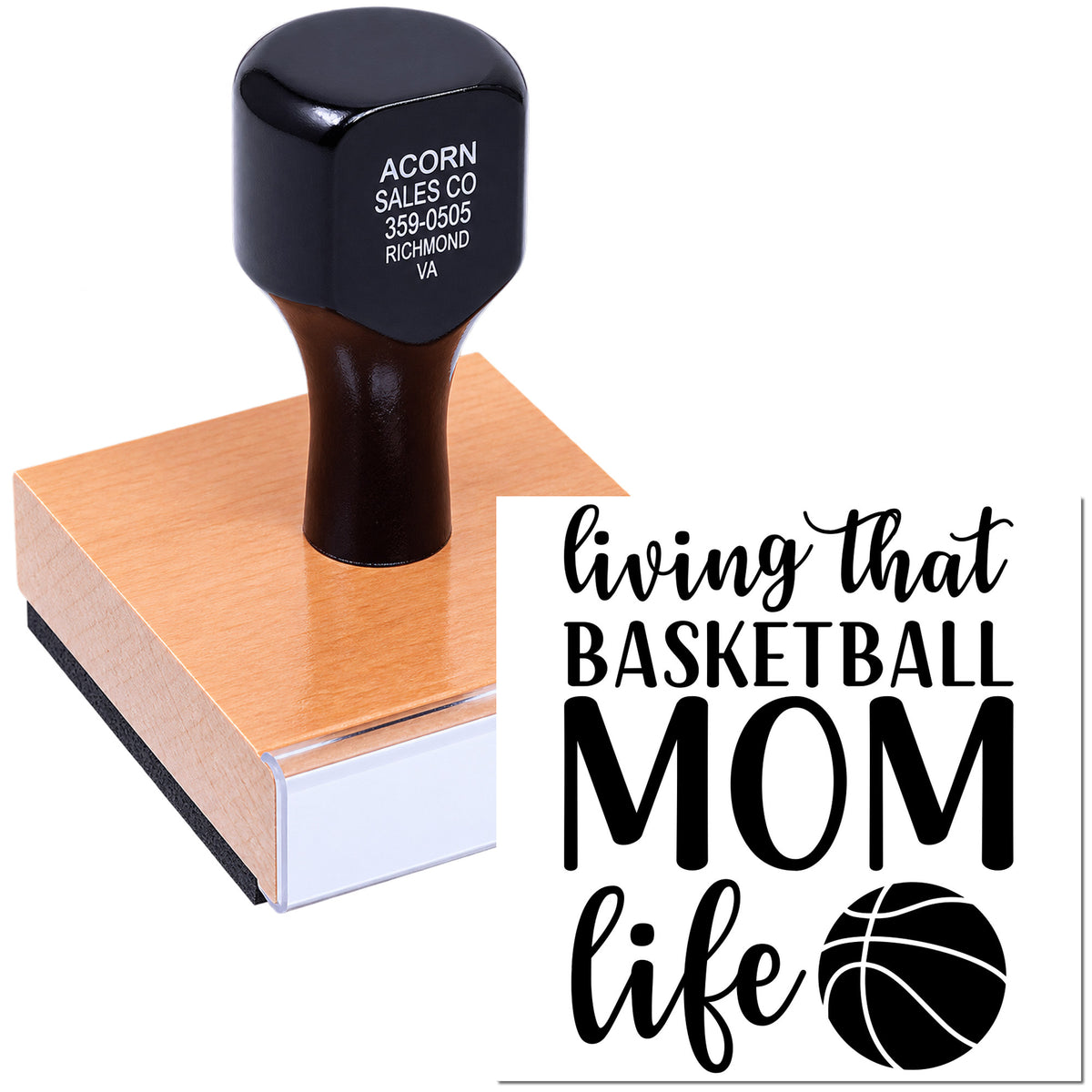 Personalized basketball mom rubber stamp with living that basketball mom life text and basketball icon