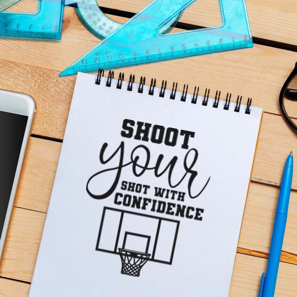 Shoot Shot With Confidence Premium Wooden Stamp - Vintage Pro imprint stamped in black ink. SHOOT your SHOT WITH CONFIDENCE appears above a basketball backboard and hoop.