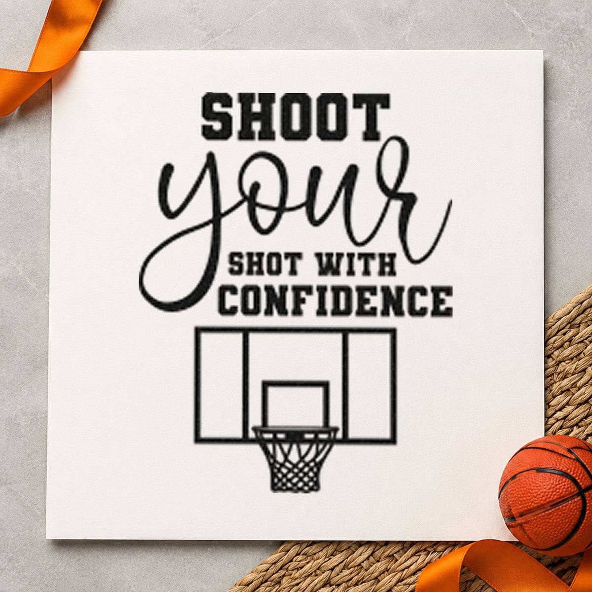 Shoot Shot With Confidence craft stamp imprint in black ink on a handmade project, one idea being contest prize tags.