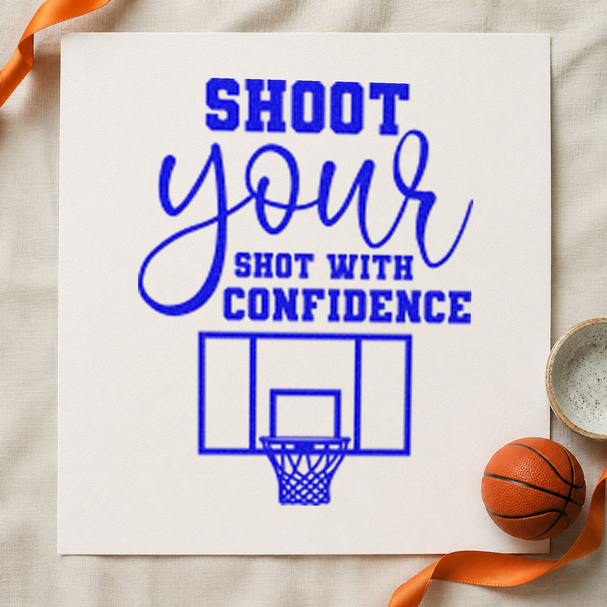 Shoot Shot With Confidence craft stamp imprinted in blue ink on paper, a design suited to framed scorer end.
