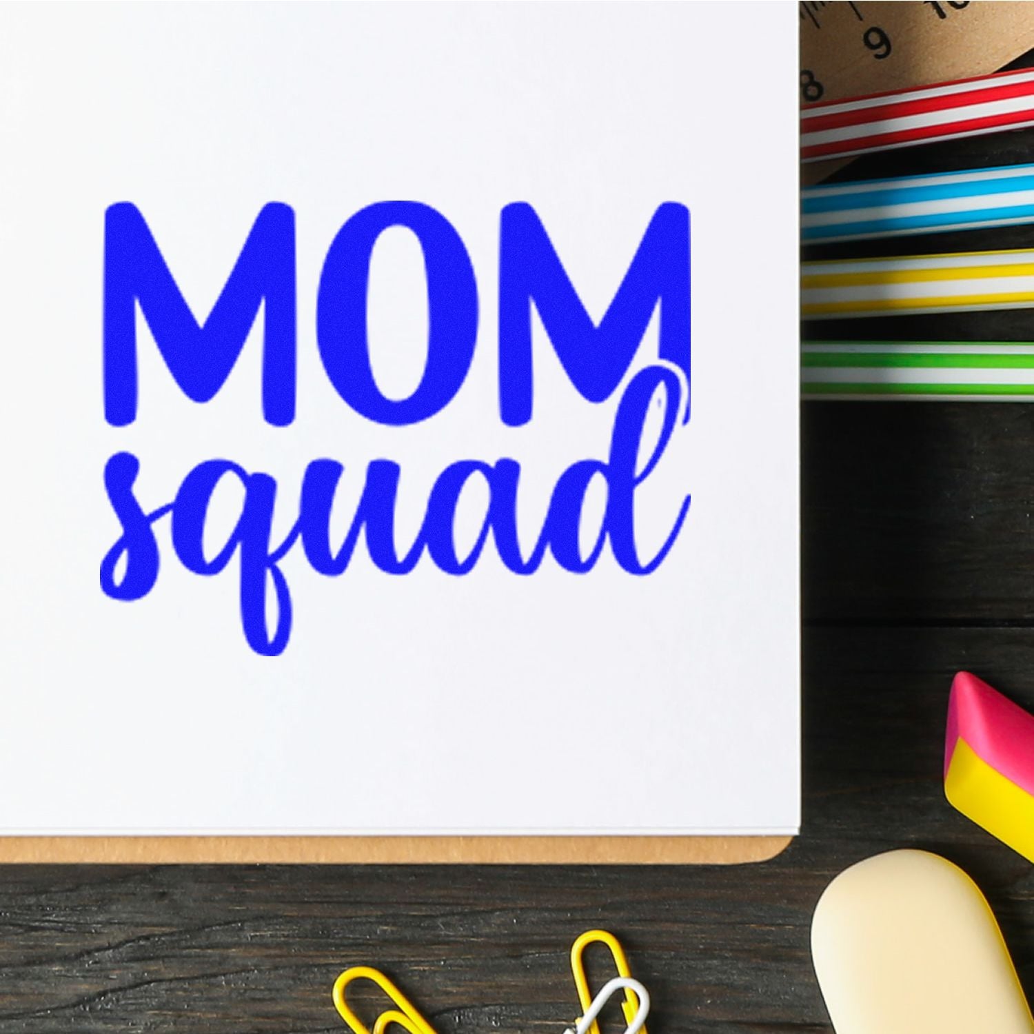 MOM Squad rubber stamp design in blue lettering, perfect for handmade Mothers Day cards, scrapbooking, and craft projects.
