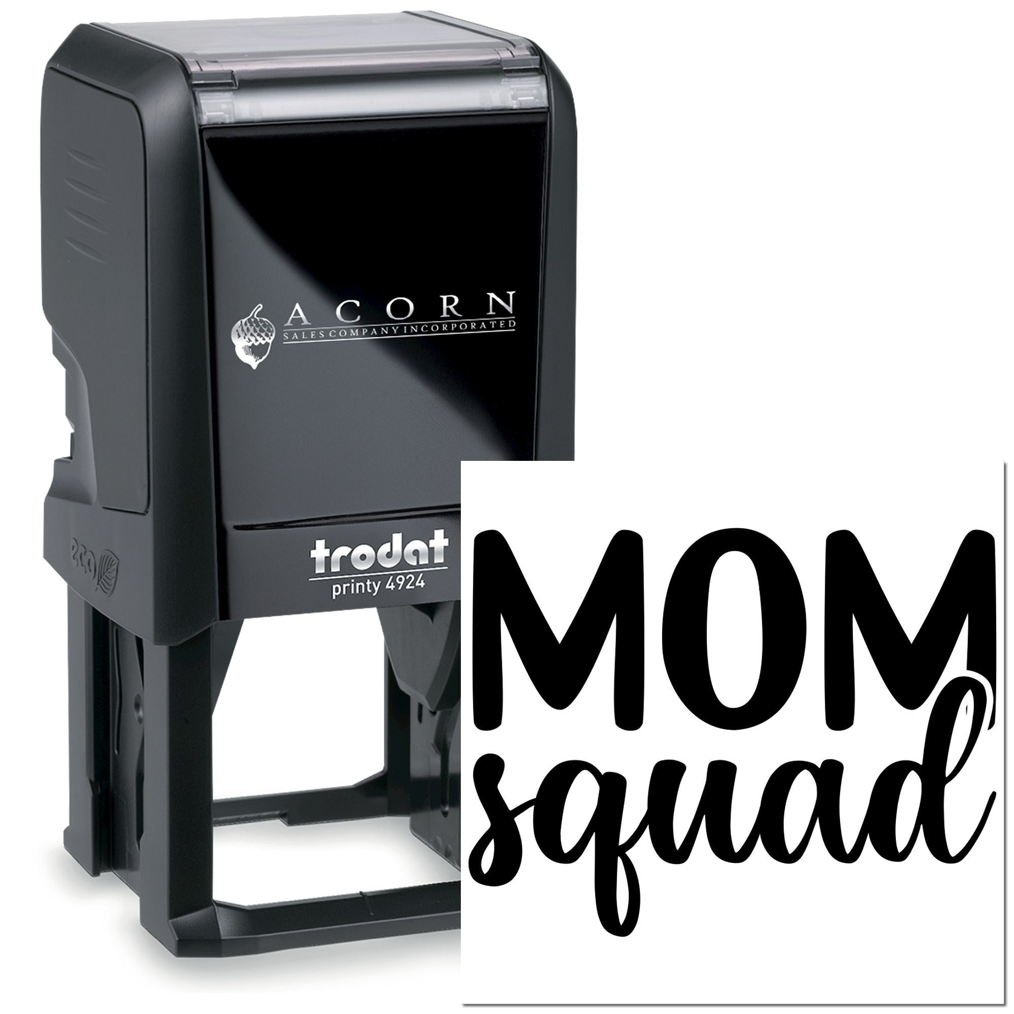 Custom self-inking rubber stamp for Mom Squad designs, ideal for personalized crafts, labels, and business branding.