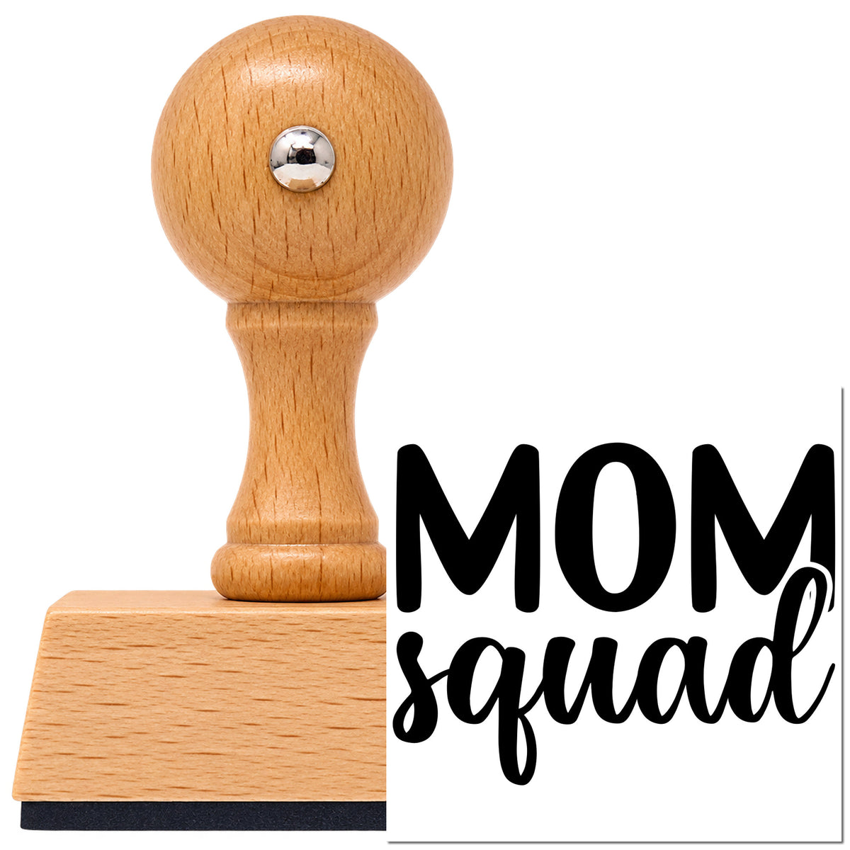 Mom Squad Vintage Pro rubber stamp in European beech wood with a round knob handle, shown beside its black imprint.