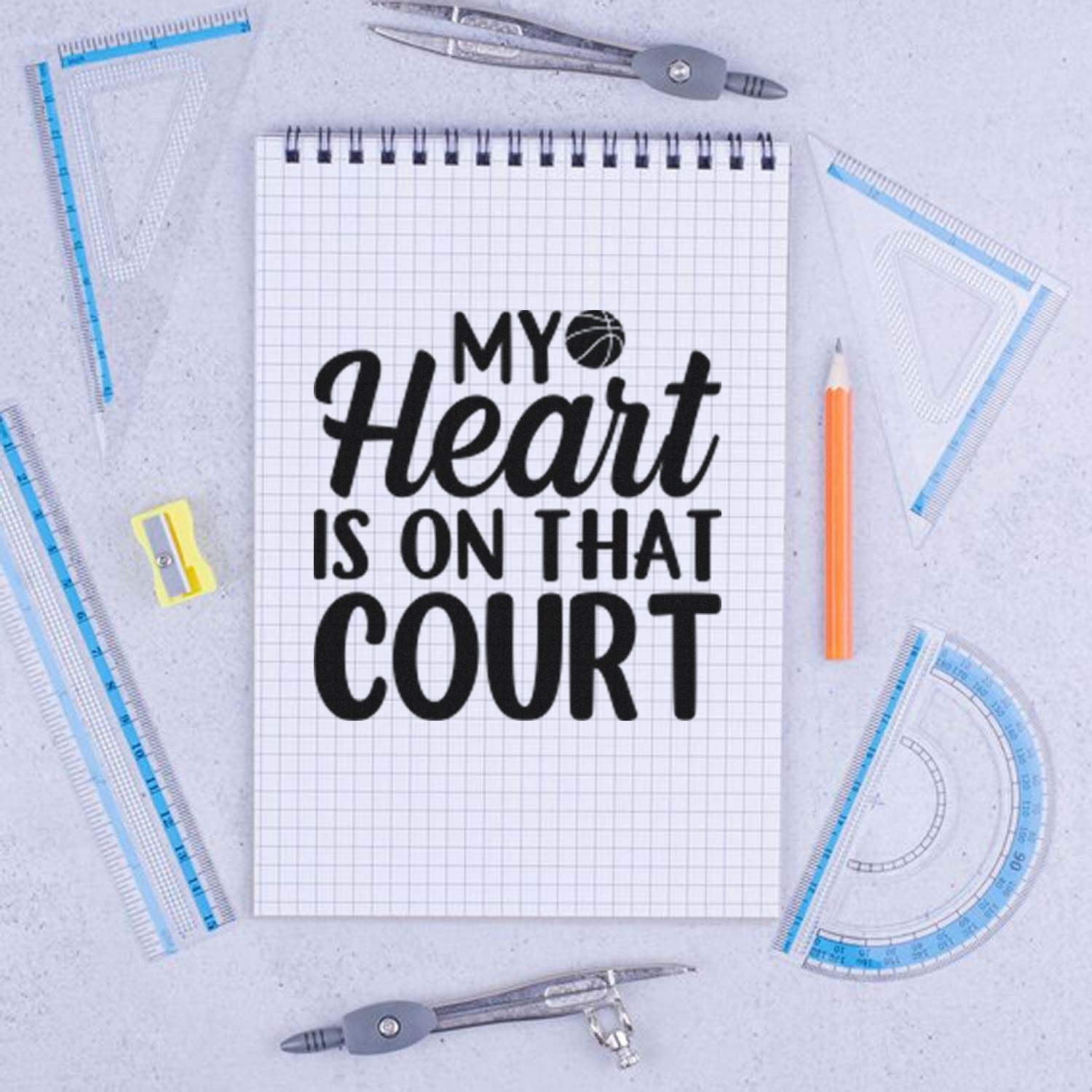 Custom rubber stamp design reading My Heart Is on That Court, perfect for basketball fan crafts and sports-themed projects.