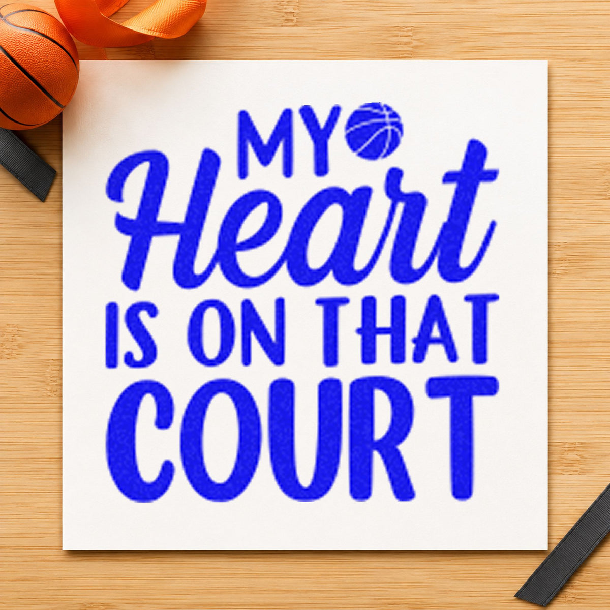 Heart On That Court craft stamp in blue ink on cardstock, an easy option for sofa throw printing.