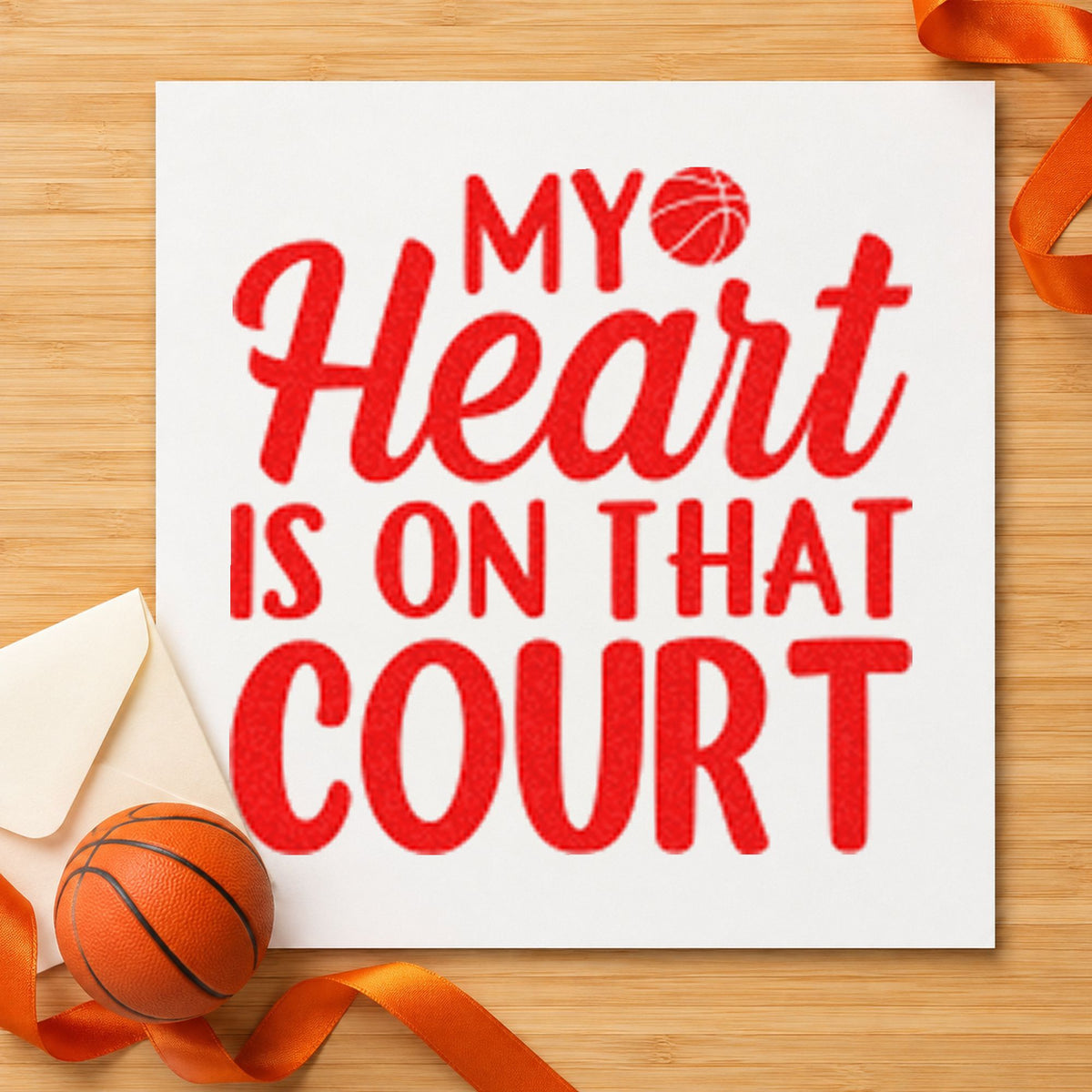 Heart On That Court craft stamp imprint in red ink on a handmade project, one idea being score note cards.