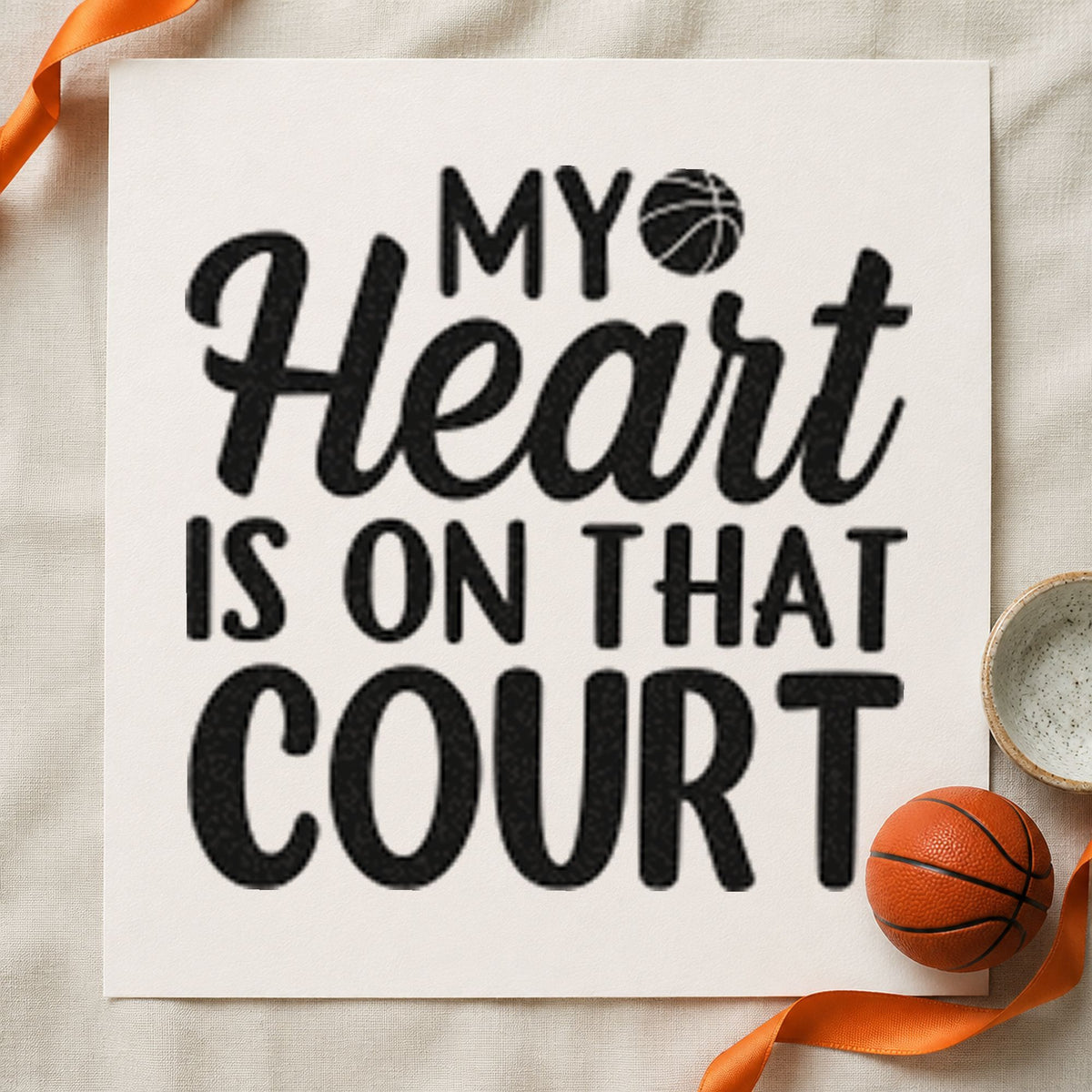 Heart On That Court rubber stamp printed in black ink, ready for small ball cards and similar paper crafts.