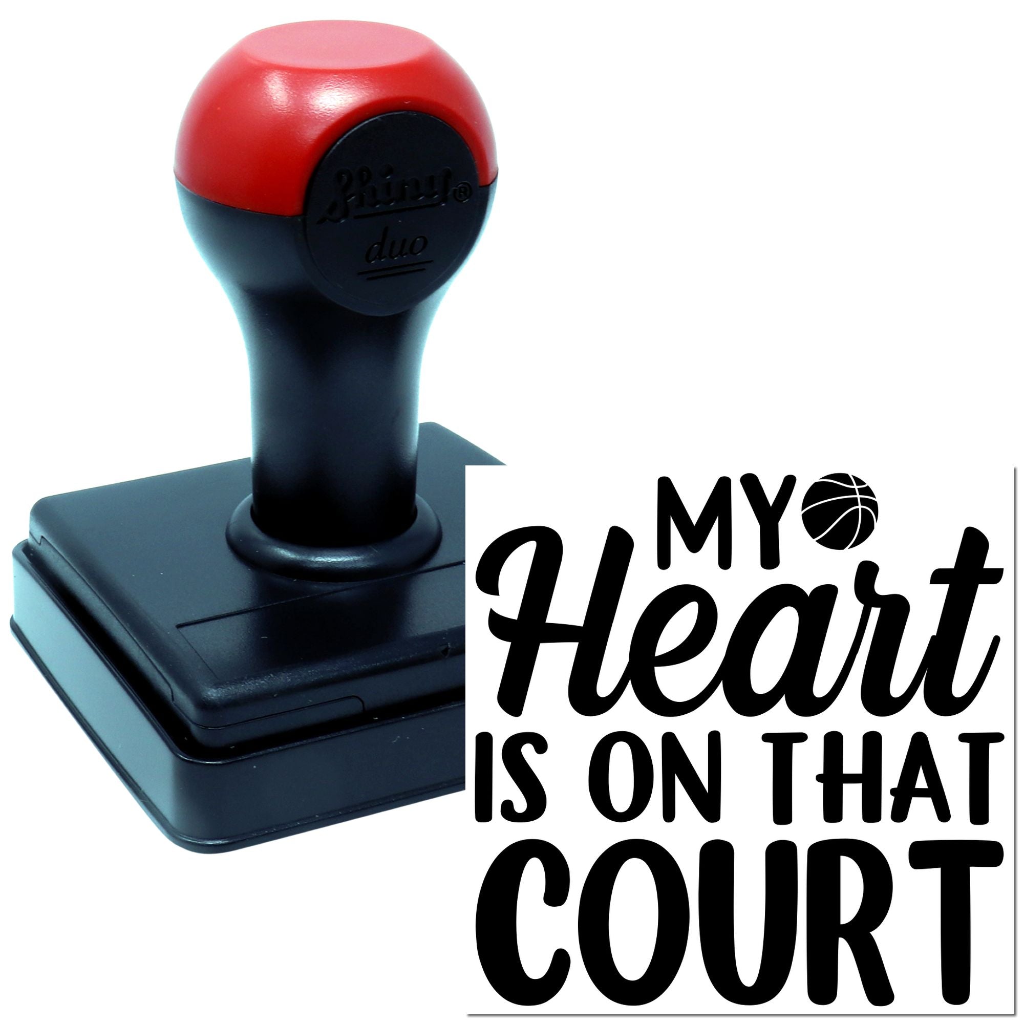 Personalized self-inking rubber stamp with My Heart Is on That Court design for basketball fans and gifts.