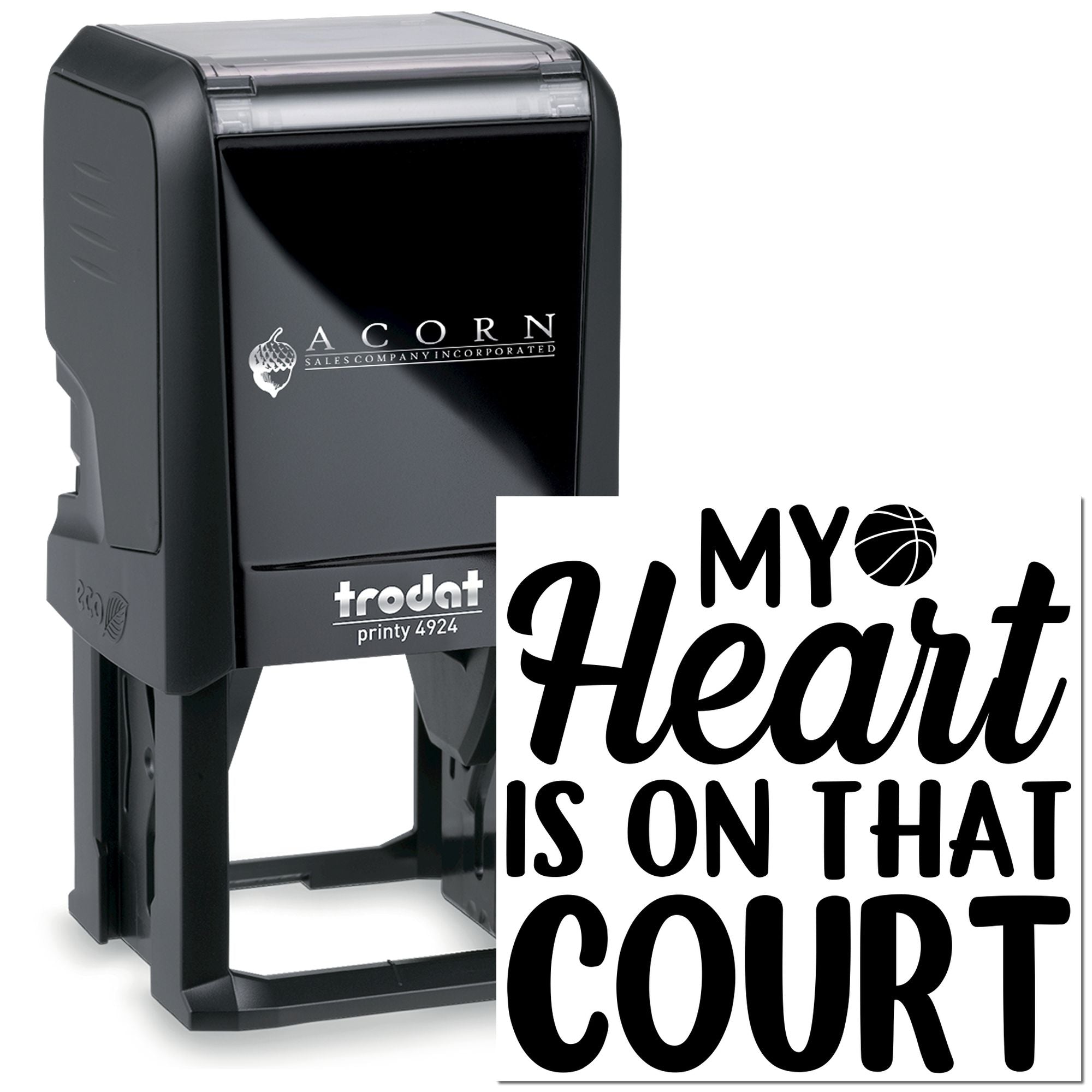 Custom self-inking rubber stamp with My Heart Is on That Court basketball design for personalized sports crafts and packaging.