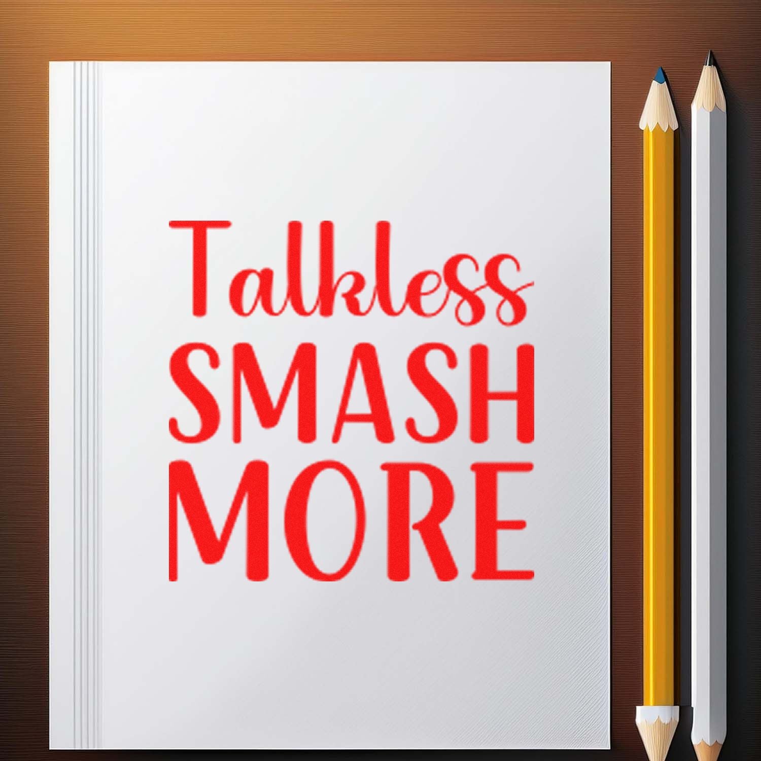 Talkless Smash More rubber stamp design on notebook, ideal for motivational custom stamps, office branding, and stationery.