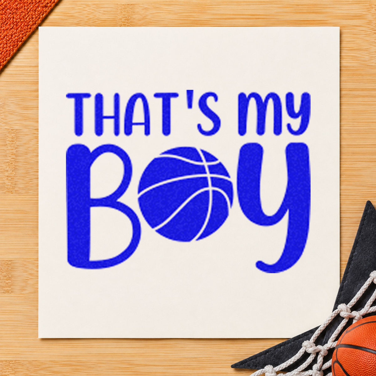 That Is My Boy craft stamp in blue ink on cardstock, an easy option for storage sleeve printing.